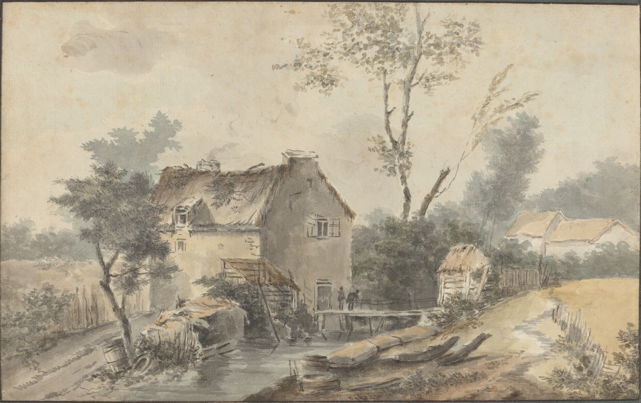 Mylly sillalla ja hahmoilla tekijältä Louis Gabriel Moreau the Elder