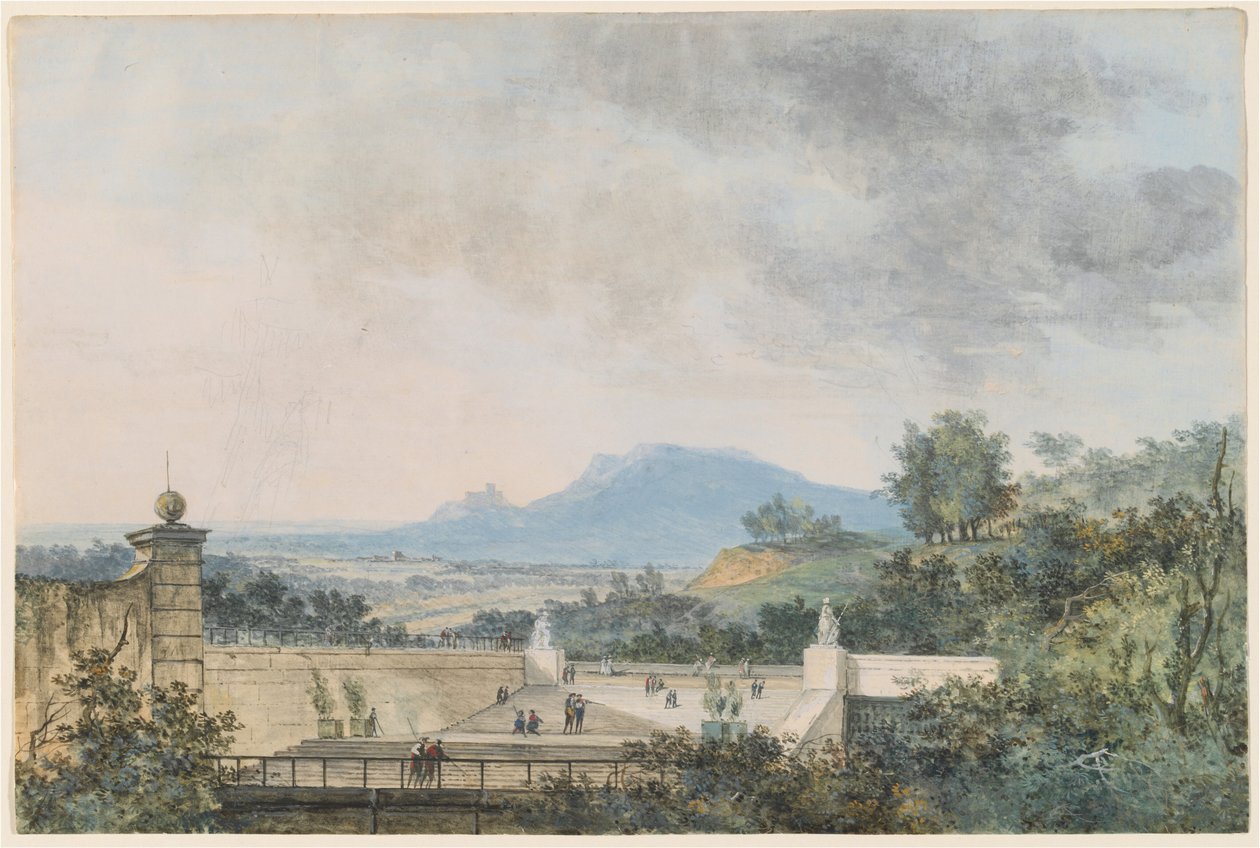 Panoraamanäkymä rivitalopuistoon tekijältä Louis Gabriel Moreau the Elder