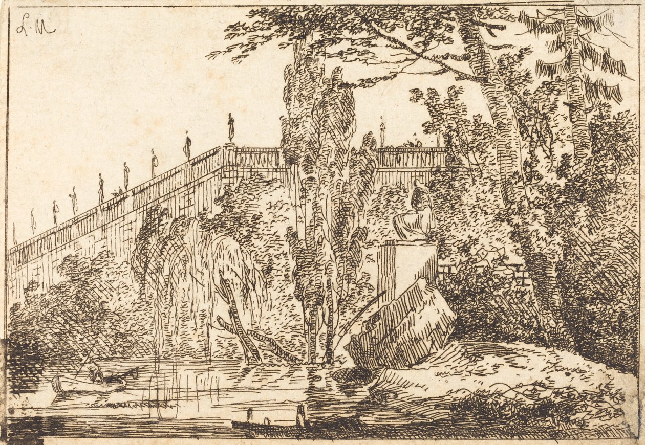 Parc amb terrassa i una balustrada amb estàtues finlandeses tekijältä Louis Gabriel Moreau the Elder