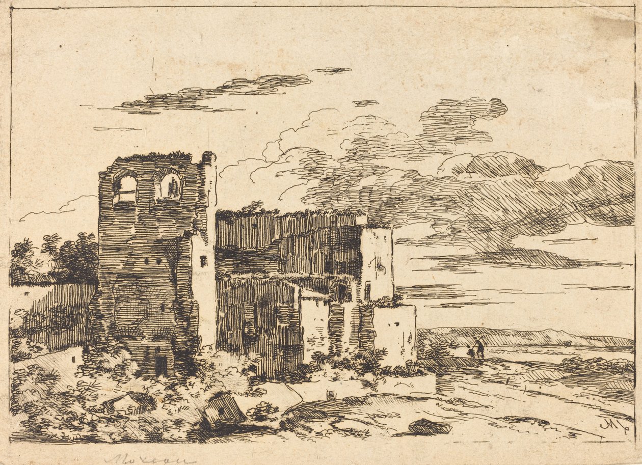 Raunioituneet rakennukset lähellä joenrantaa tekijältä Louis Gabriel Moreau the Elder
