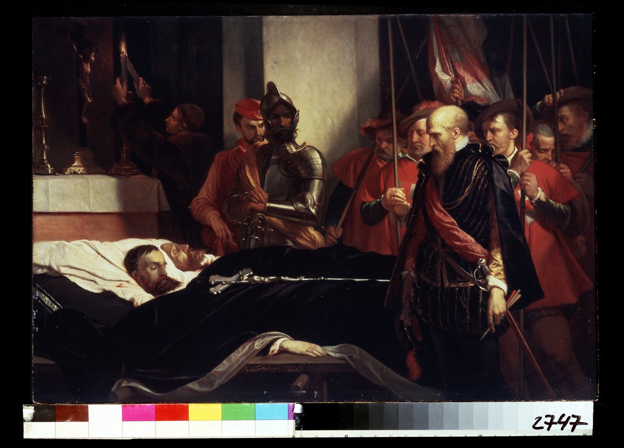 ""Viimeiset kunnianosoitukset Hornin kreiville Philippe de Montmorencylle (1524-1568) ja Lamoralille, Egmontin kreiville (1522-1568) heidän kuolinsängyssään, teloitettiin maanpetoksesta sen jälkeen, kun he olivat kokoontuneet Gueux