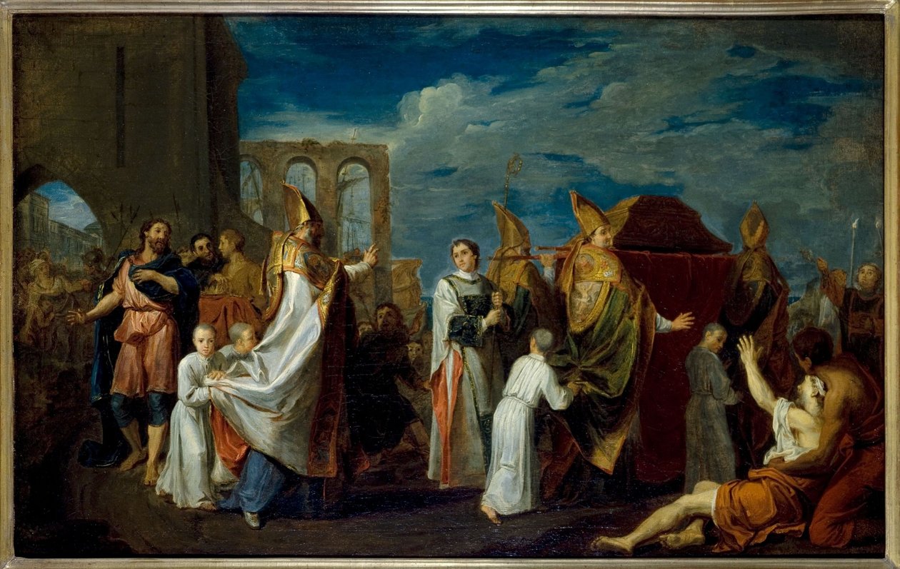 La translation des reliques de Saint Augustin, luonnos maalausta varten Petits-Pèresin luostarin ruokasalissa (Notre-Dame-des-Victoiresin kirkko), nykyinen 2. arrondissement, noin 1698 -1708 (öljy). tekijältä Louis Galloche