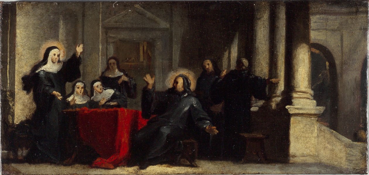 Pyhä Scholastica sai taivaalta sateen ja ukkosen estääkseen pyhää Benedictusta jättämästä häntä. Luonnos maalausta varten Saint-Martin-des-Champsin luostarin ruokasalissa, noin 1706 (öljy kankaalle). tekijältä Louis Galloche