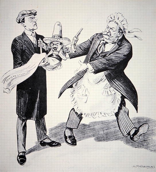 Amerikkalainen sarjakuva, jossa Yhdysvaltain presidentti Tuft luovuttaa ongelmallisen "Meksikon tilanteen" seuraajalleen Woodrow Wilsonille vuonna 1913 (litho) tekijältä Louis Glackens
