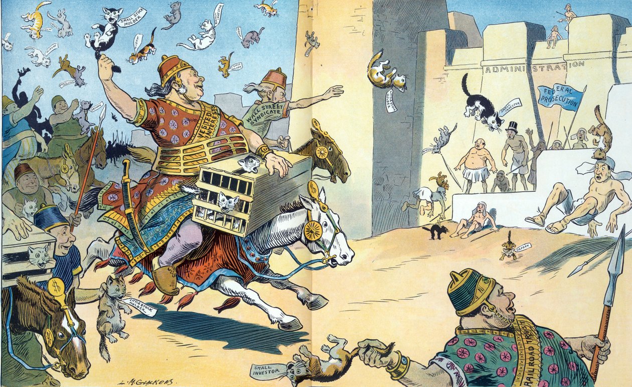 Wall Streetin persialaiset ja Washingtonin egyptiläiset 1907. Kuvitus esittää Pelusiumin taistelua, jossa persialaiset on merkitty "eturistiriidattomiksi". tekijältä Louis Glackens