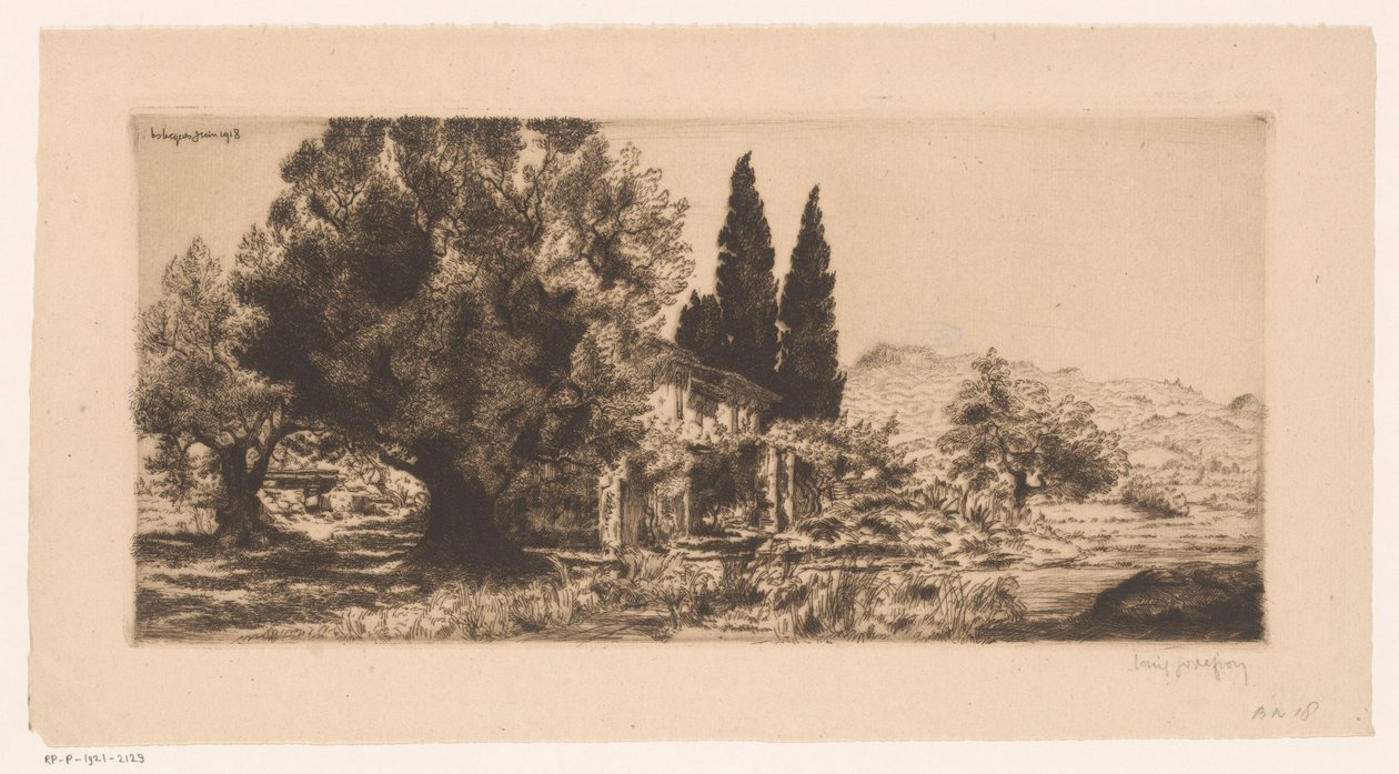 Gezicht op Les Lecques ja Saint-Cyr-sur-Mer Les Lecques kesäkuu 1918 (nimi esineessä) tekijältä Louis Godefroy (signed by artist)