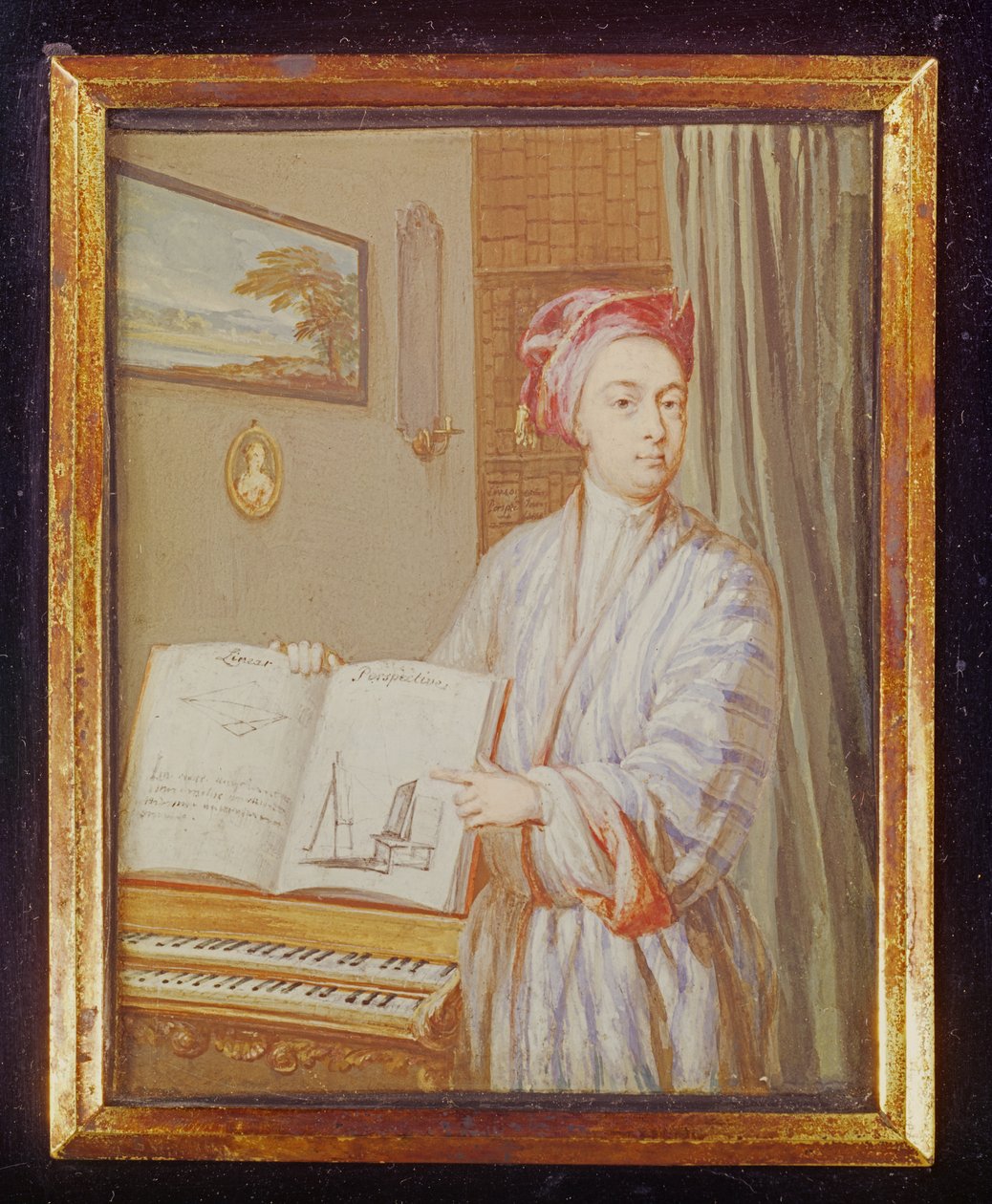 Brook Taylorin (1685-1731) muotokuva 1720 (wc ja vartaloväri kortille asetetussa tarranauhassa) tekijältä Louis Goupy