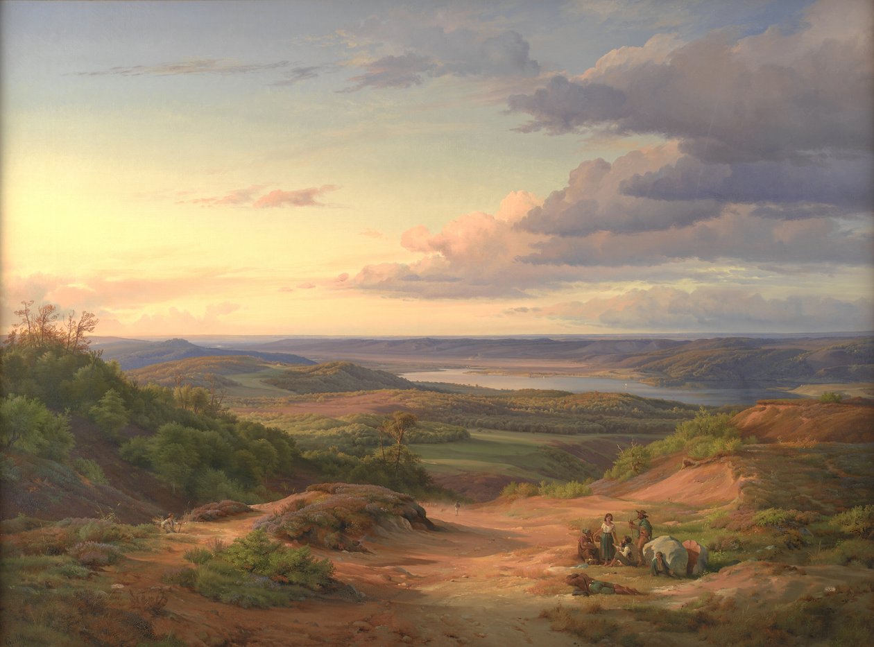 Maisema lähellä Himmelbjergetiä Jyllannissa. Etualalla mustalainen perhe tekijältä Louis Gurlitt