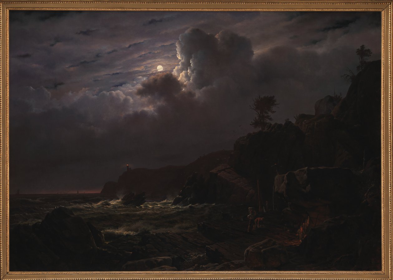 Näkymä Kullenista Ruotsissa. Salakuljettajat piilottelevat tavaroitaan kallioiden sekaan. Kuutamo tekijältä Louis Gurlitt