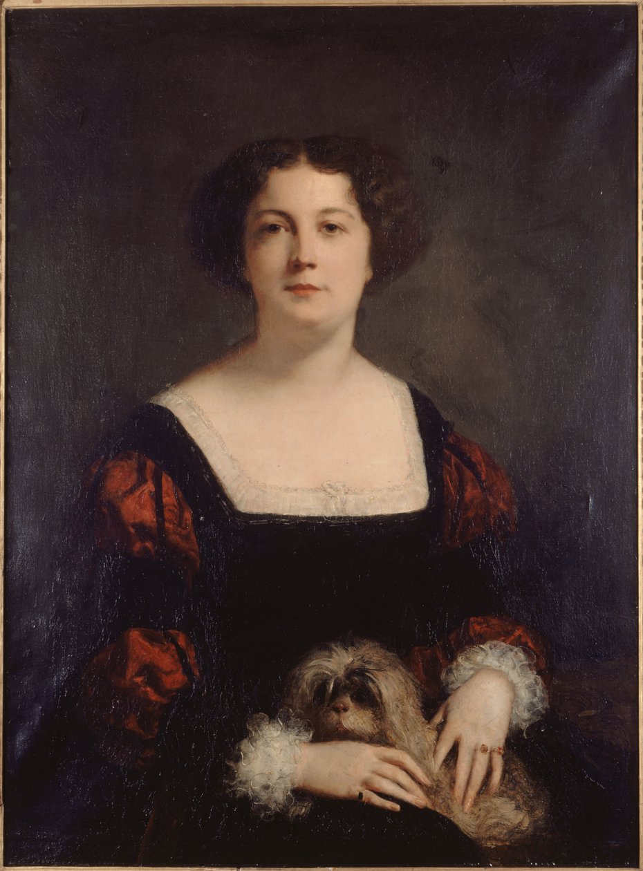 Ranskalainen:  Apollonie Sabatier (1822-1889), dite "La Présidente" Nainen ja pieni koira. tekijältä Louis Gustave Ricard