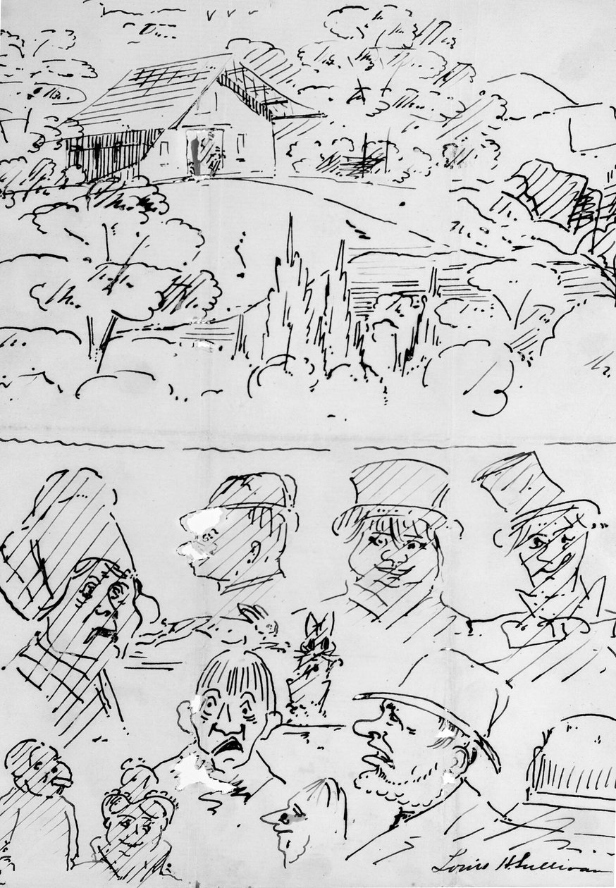 Maisema rakennuksen kanssa (ylhäällä) ja karikatyyri pään tutkiminen (alhaalla). tekijältä Louis H. Sullivan