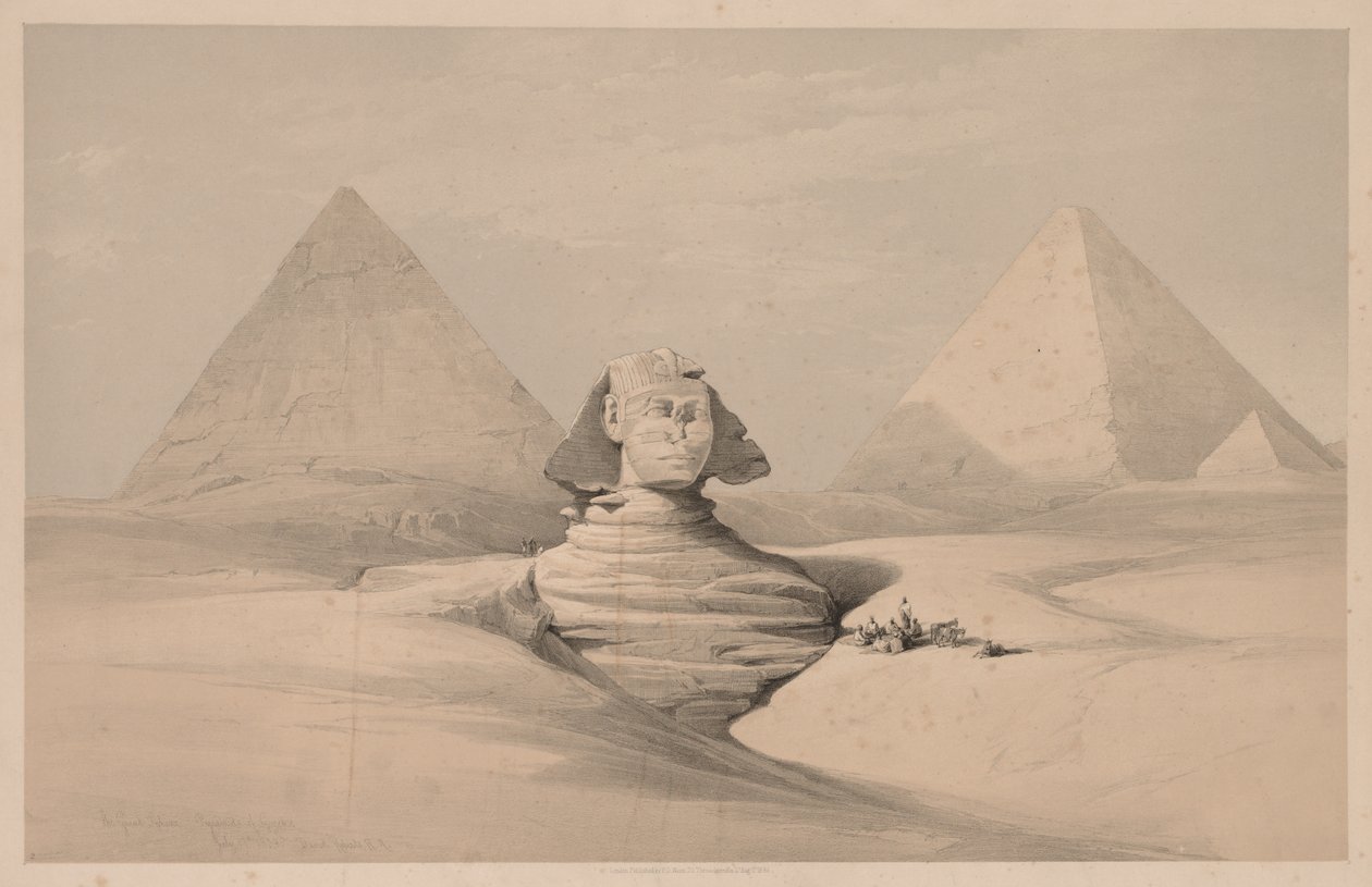 Egypti ja Nubia: Osa I - nro 18, Suuri sfinksi, Gizehin pyramidit, Edestä, 1839. tekijältä Louis Haghe
