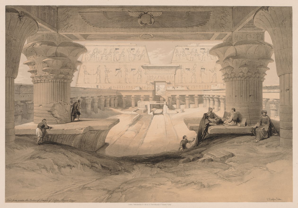 Egypti ja Nubia: Osa I - nro 32, Näkymä Edfoun temppelin portikon alta..., 1838. tekijältä Louis Haghe