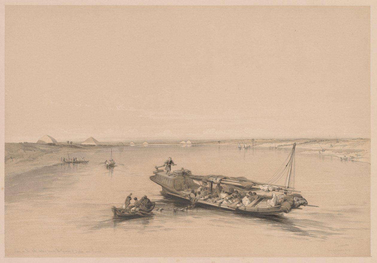 Egypti ja Nubia: Osa I - nro 4, Orjaveneet Niilillä, Näkymä kohti..., 1838. tekijältä Louis Haghe