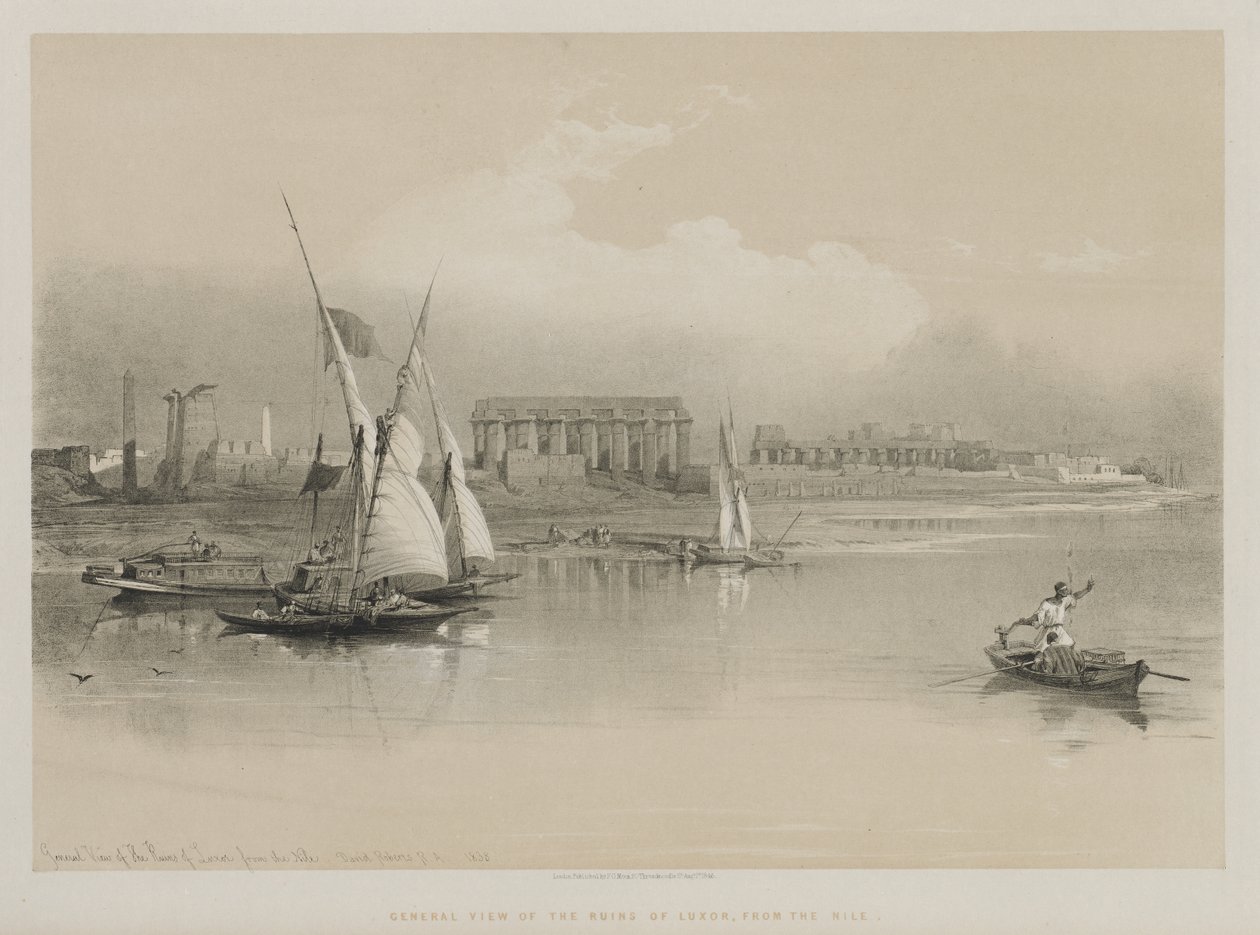 Egypti ja Nubia, osa I: Yleinen näkymä Luxorin raunioista, Niililtä, 1846. tekijältä Louis Haghe