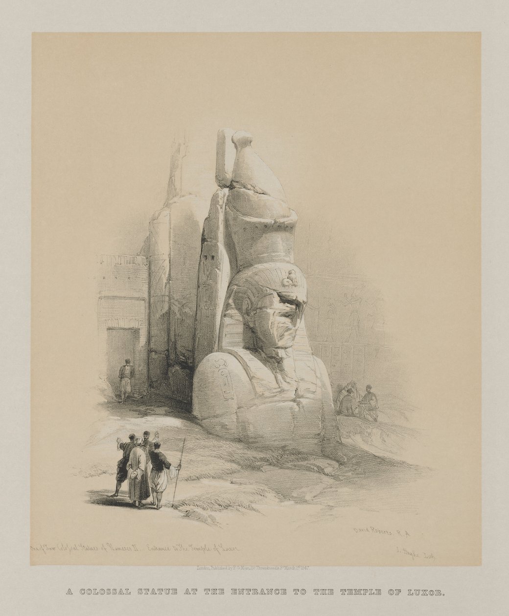 Egypti ja Nubia, osa I: Yksi Ramses II:n kahdesta kolossaalista patsaasta..., 1847. tekijältä Louis Haghe