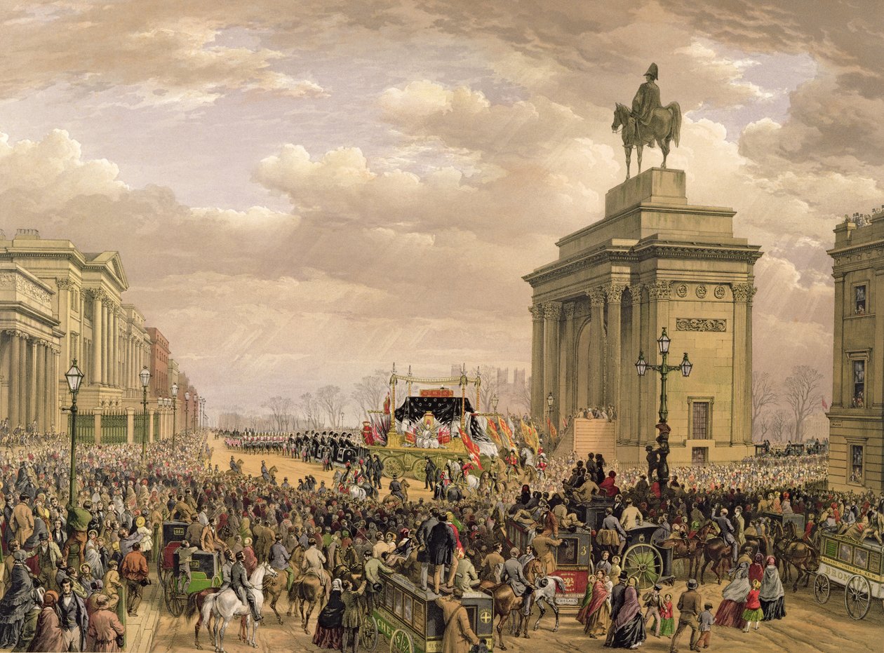 Wellingtonin herttuan hautajaiset, hautajaisauto kulkee Apsley Housen holvikaaren ohi, 18. marraskuuta 1852, kaiverrettu Thomas Pickenin (1838-1870) toimesta, julkaissut Ackermann ja Day, 1853. tekijältä Louis Haghe