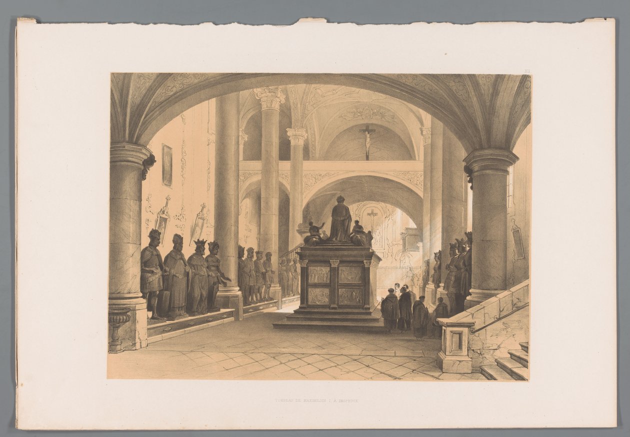 Maximilian I:n hauta Innsbruckissa Tombeau de Maximilien I à Inspruck (otsikko esineessä) tekijältä Louis Haghe