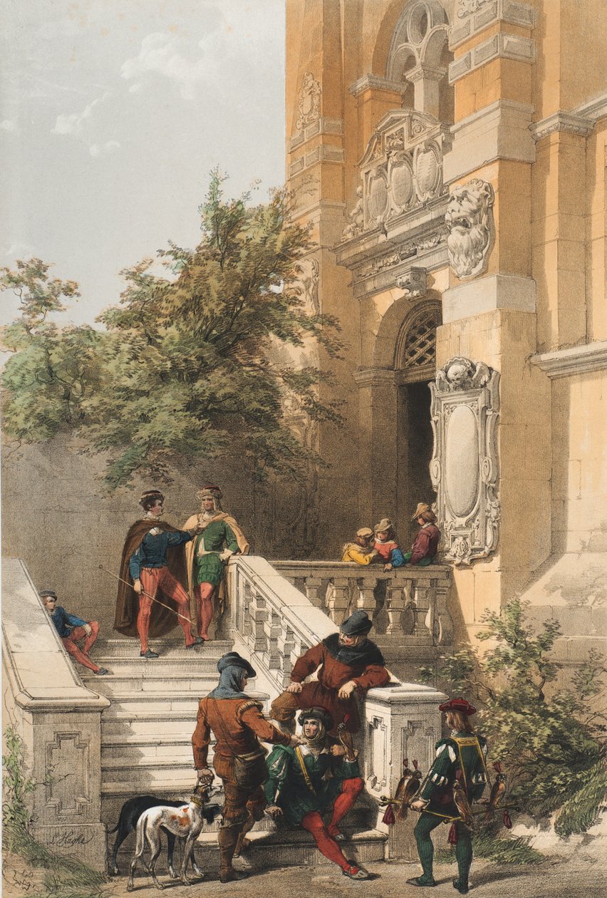 Heidelberg (palvelijat ja hovimiehet linnan marmorikuistilla), 1850 tekijältä Louis Haghe