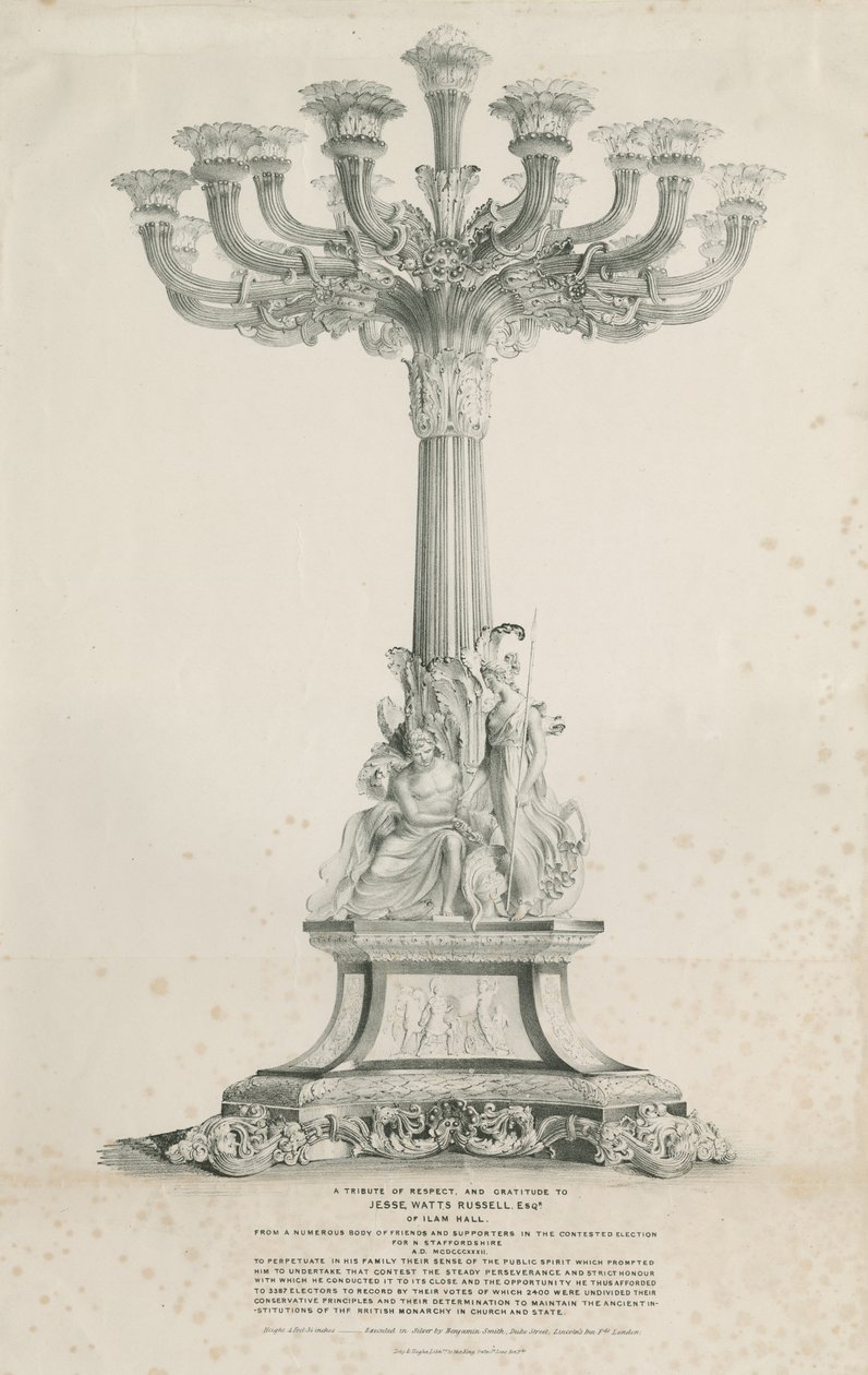 Ilam Hall - kynttelikkö: litografia, 1832 tekijältä Louis Haghe