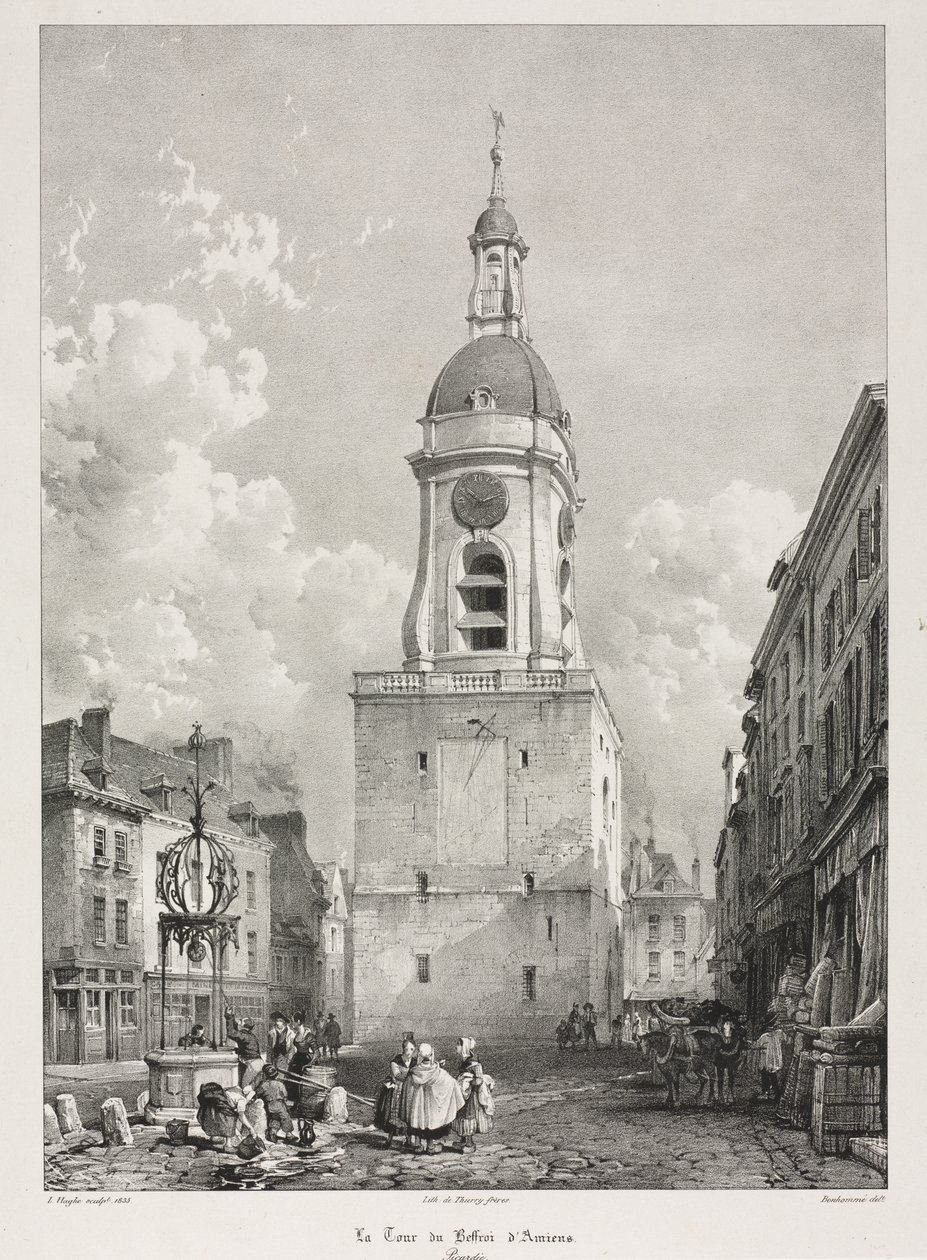Kuvankauniita ja romanttisia matkoja vanhassa Ranskassa, Picardie: Amiensin kellotapuli, Picardie, François Bonhommén (ranska, 1809-1881) mukaan tekijältä Louis Haghe