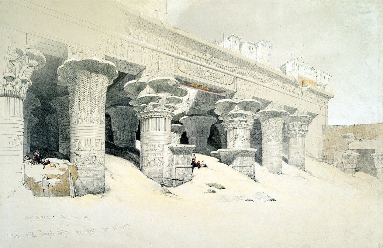 Portico Edfun hiekkakivitemppelistä, omistettu haukkapäiselle jumalalle Horukselle, Egypti, 1838 tekijältä Louis Haghe