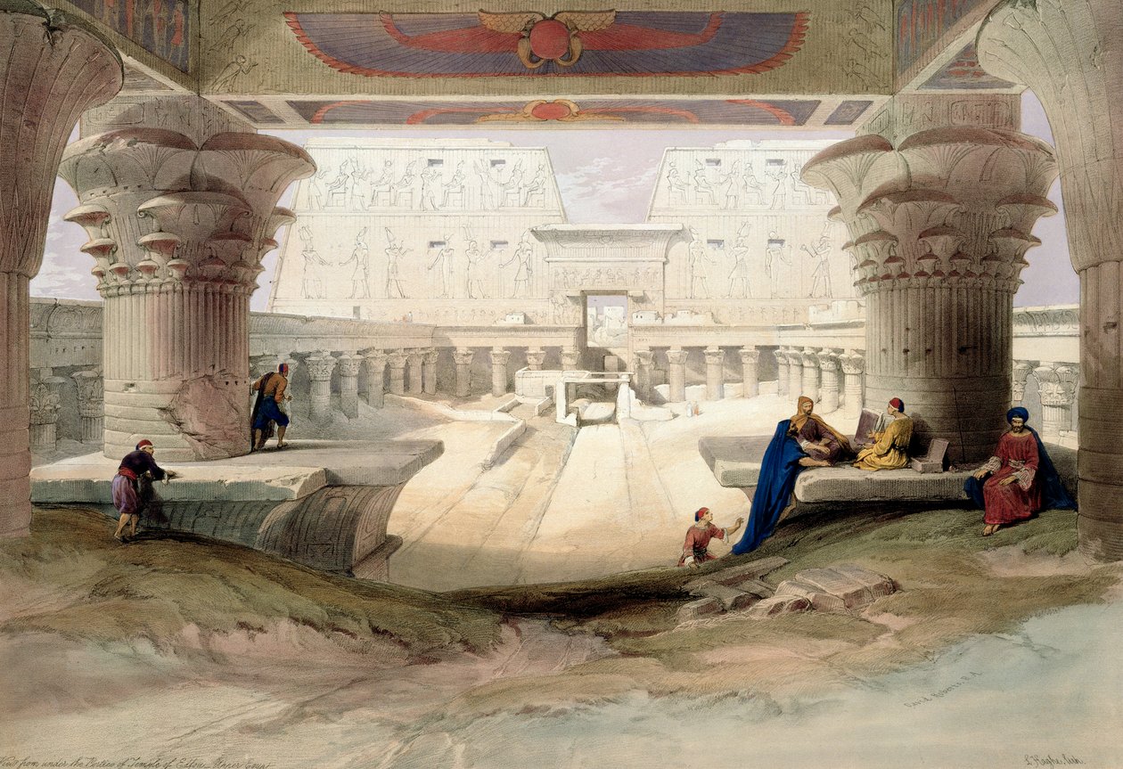 "Näkymä Edfoun temppelin portikon alta, Ylä-Egypti", 1846 tekijältä Louis Haghe