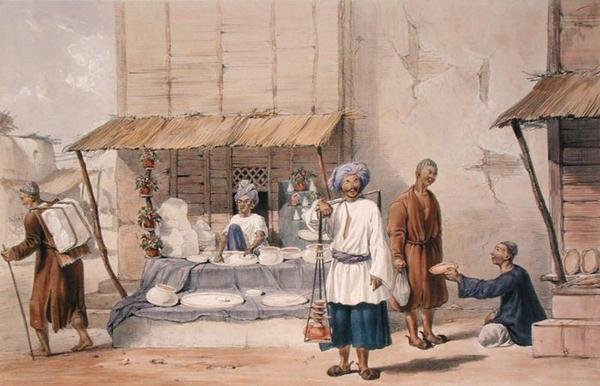 Falloden-koju, jossa Huzzahit kuljettavat lunta jne. markkinoille kapteeni Lockyer Willis Hartin kirjoittamasta "Afghanistanin hahmot ja puvut", julkaistu 1843 (värilitho) tekijältä Louis Hague
