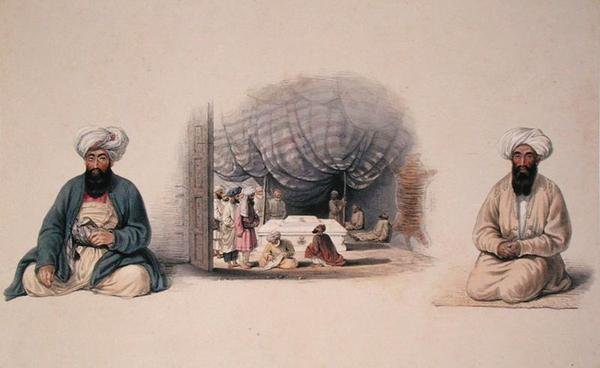 Khan Shereen Khan ja Hagee Khan Kaiker reunustavat sisäkuvaa Dost Mohamedin haudasta Kapteeni Lockyer Willis Hartin kirjoittamasta Afghuanistanin hahmoista ja puvuista, julkaistu 1843 (värilitho) tekijältä Louis Hague