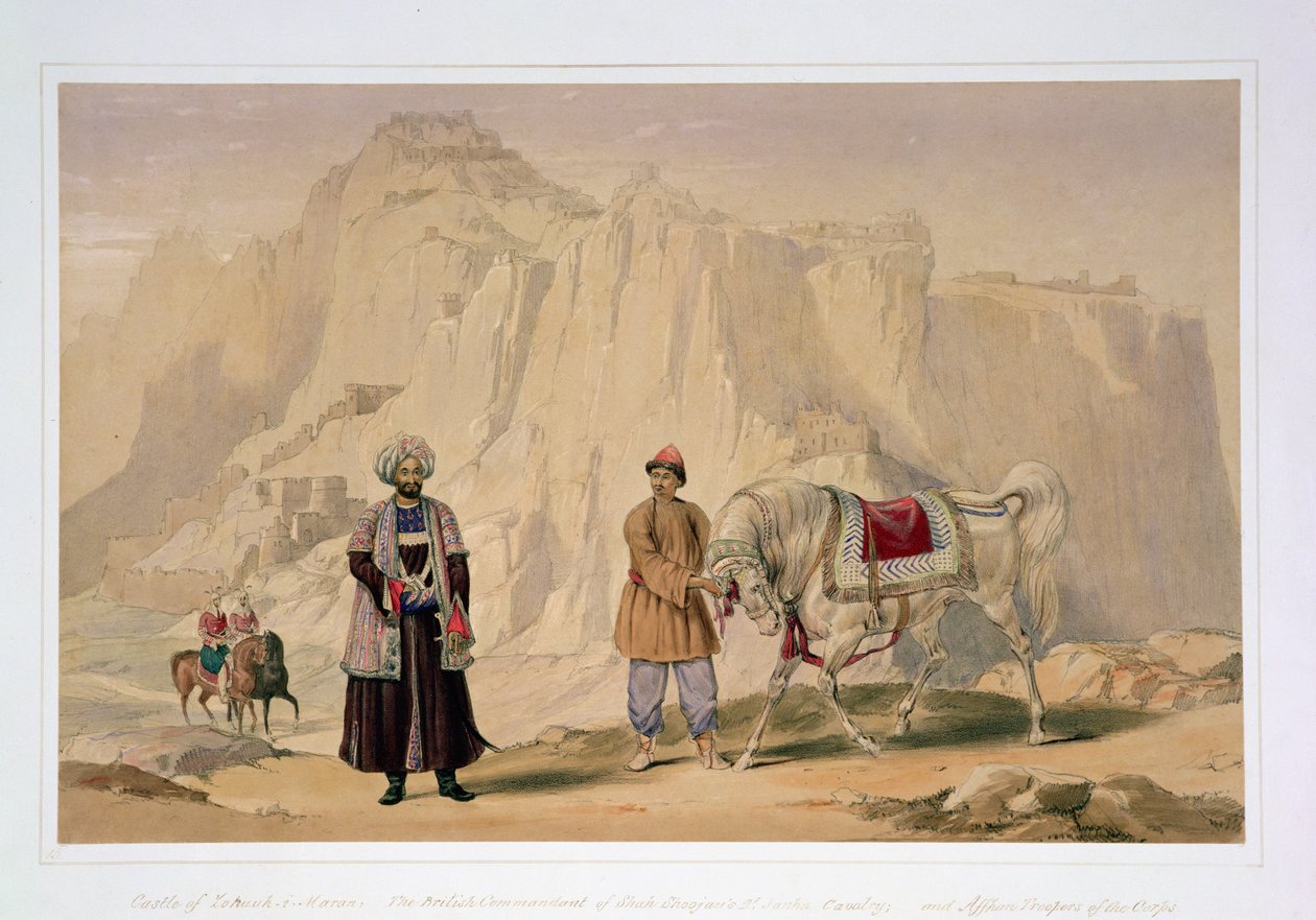 Shah Shoojanin 2. Jannah-ratsuväen brittikomentaja ja joukkojen Affhan-sotilaat, kapteeni Lockyer Willis Hartin kirjoittamasta "Afghuanistanin hahmot ja puvut", julkaistu 1843 (värilitho) tekijältä Louis Hague