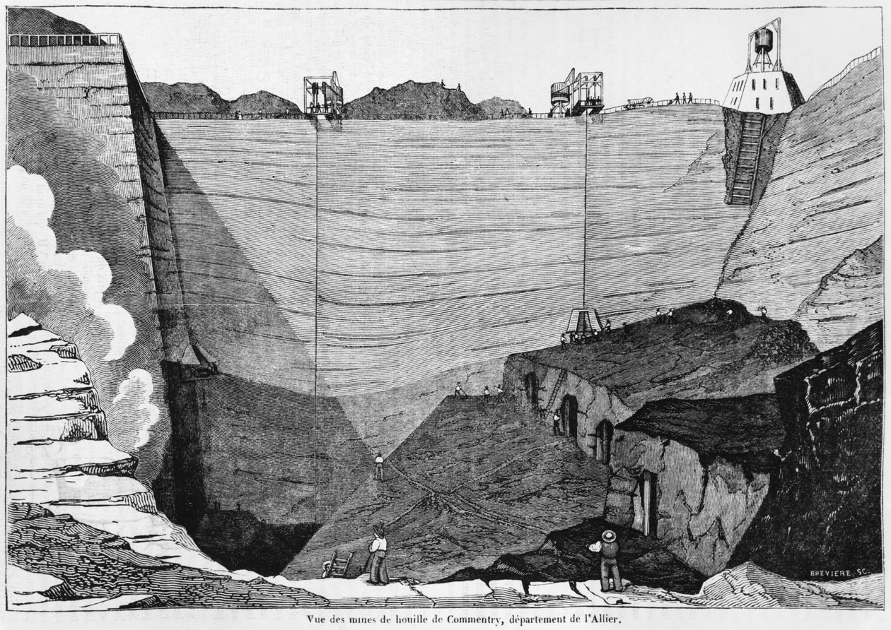 Commentryn hiilikaivos, kuvitus Le Magasin Pittoresquesta, 1835 (bw kuva) tekijältä Louis Henri Brévière