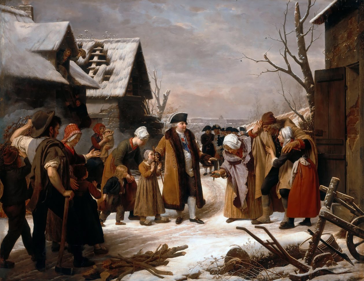 Ludvig XVI jakoi almuja Versaillesin köyhille talvella 1788 tekijältä Louise Marie Jeanne Hersent