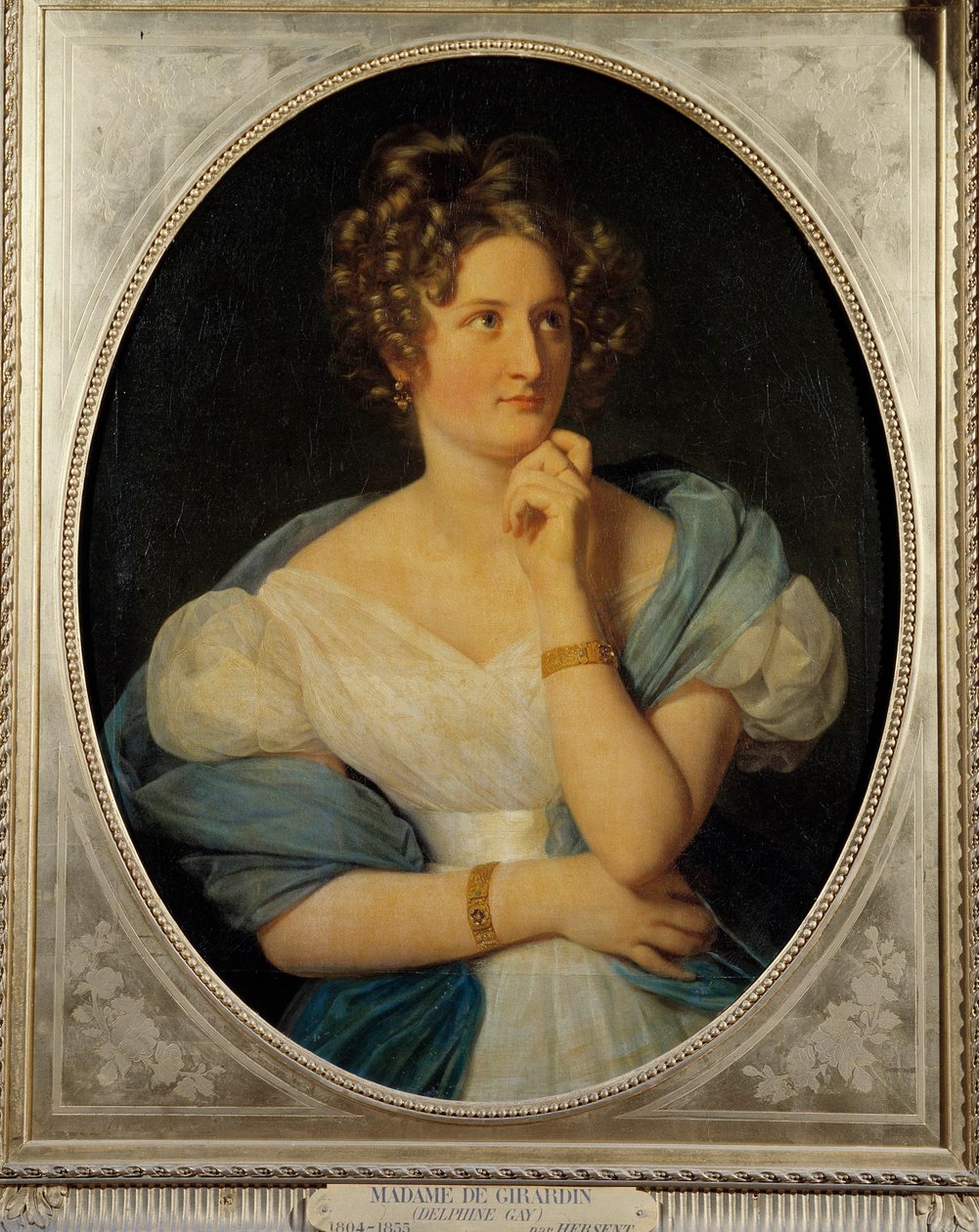 Muotokuva ranskalaisesta kirjailijasta Delphine Gaysta (1804-1855), Madame Emile de Girardinista Hänen kirjanimenään on varakreivi Charles de Delaunay. Louis Hersentin (1777-1860) maalaus 1824 su. 0,92 x 0,72 m tekijältä Louis Hersent