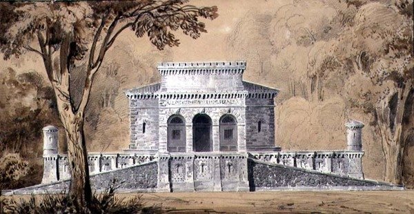 Näkymä Gendarmerie Imperialelle, n. 1825 (kynä ja muste ja pesu paperille) tekijältä Louis Hippolyte Lebas