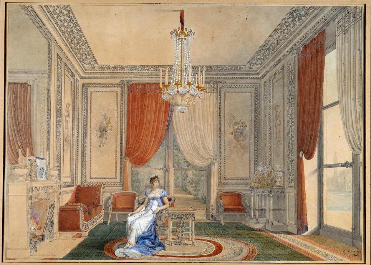 Näkymä Silver Salonista Elyseen palatsissa Caroline ja Joachim Muratin aikana. Akvarelli Louis Hippolyte Lebas (1782-1867) 1810 Yksityinen kokoelma tekijältä Louis Hippolyte Lebas