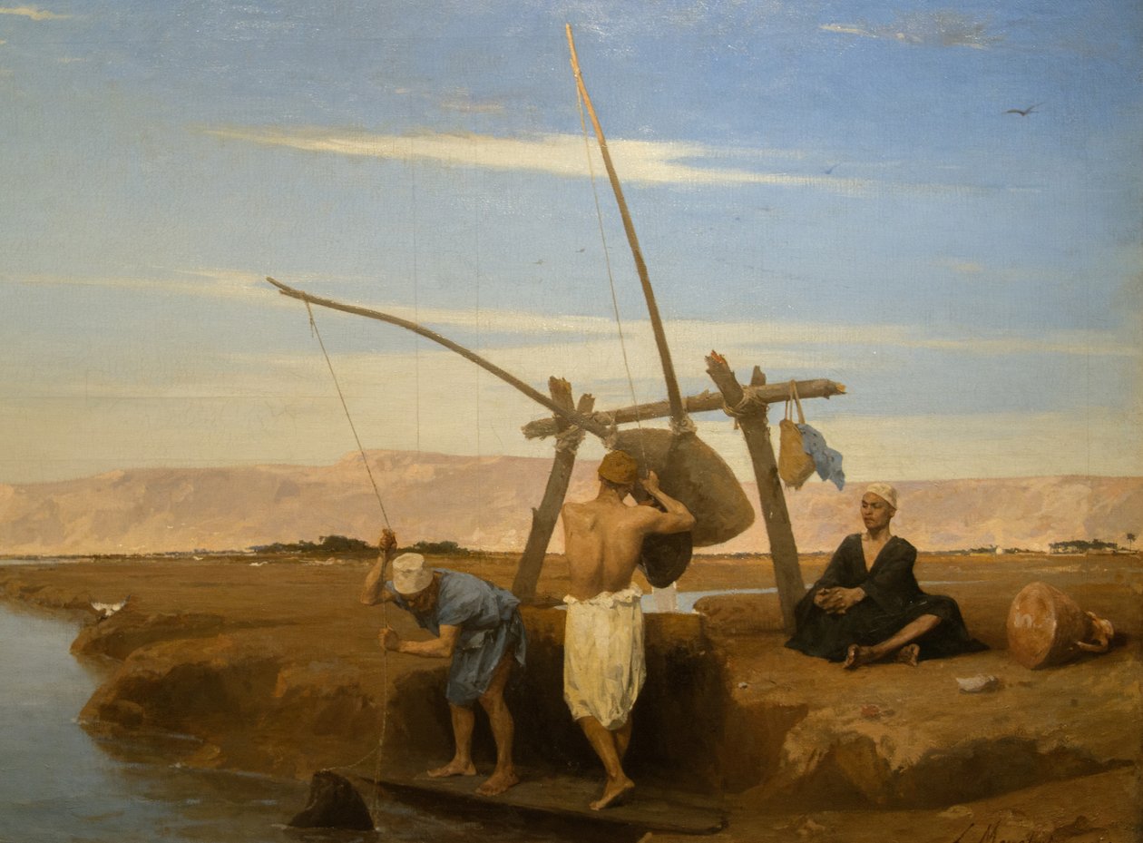 Shadouf Ylä-Egyptissä (Oil On Wood vuodelta 1874) tekijältä Louis Hippolyte Mouchot
