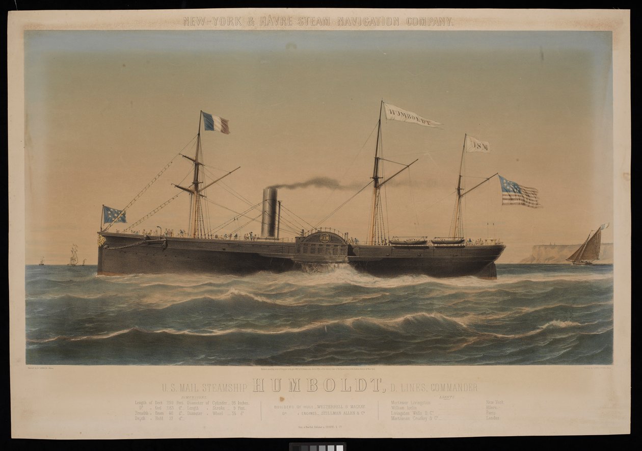 New York  Havre Steam Navigation Company U.S. Mail Steamship Humboldt, D Lines, komentaja. tekijältä Louis Honore Gamain