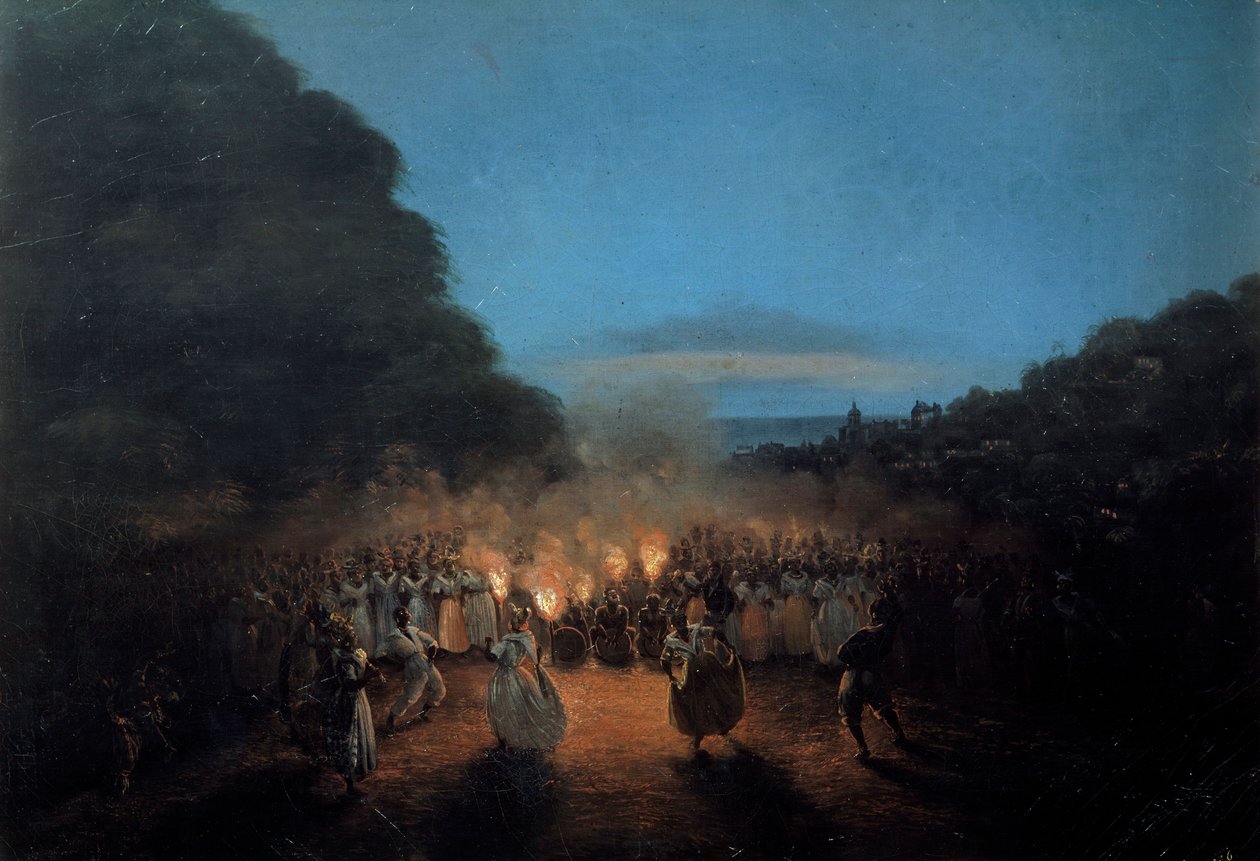 Bamboula tanssii kerran bambua (tai keppejä) Länsi-Intian mustissa orjatanssissa soihtujen valossa. Honore Gamainin (1803-1871) maalaus 1800-luvun La Rochelle, Uuden maailman museo tekijältä Louis Honore Gamain