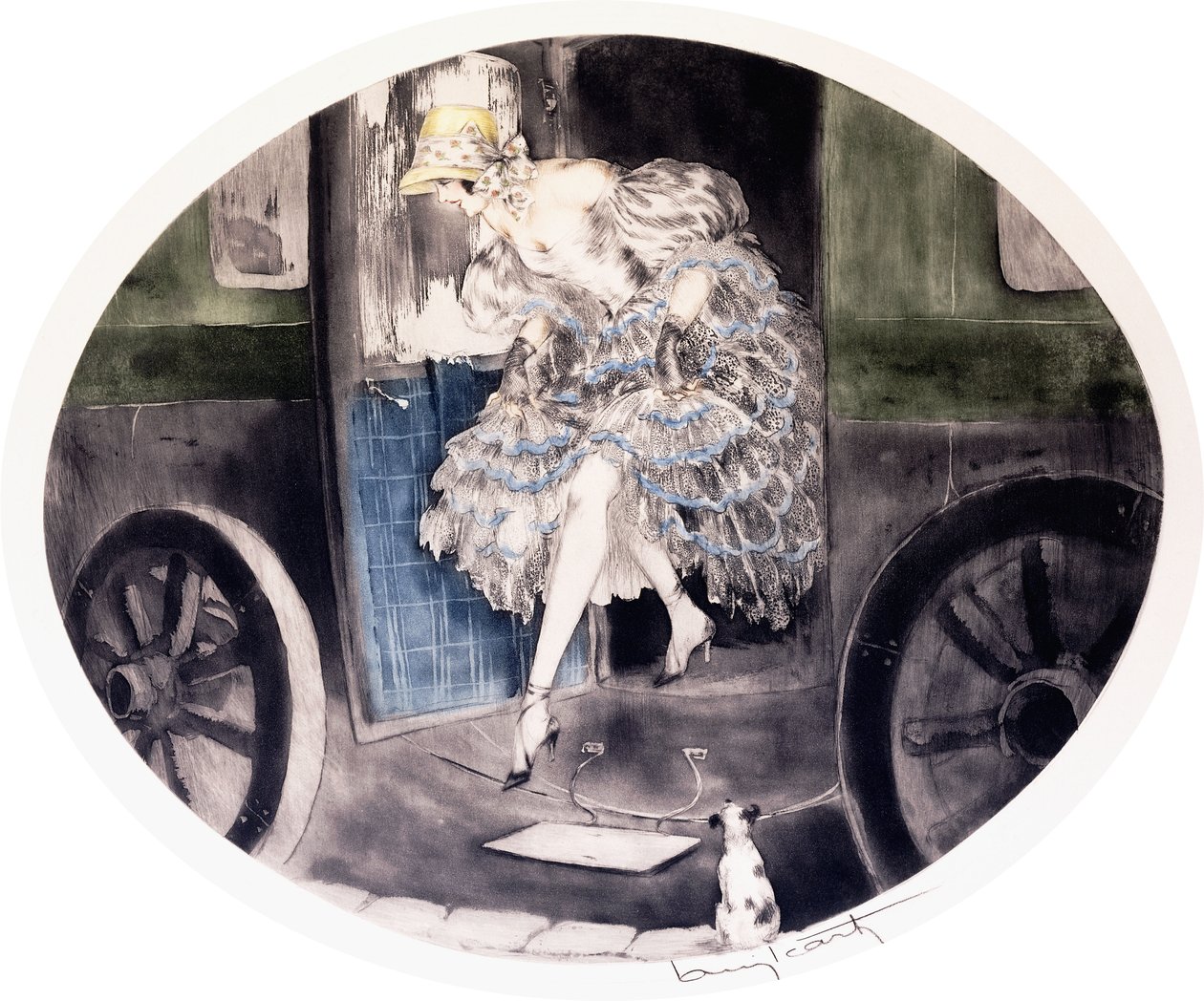 Poistuminen vaunuista, n. 1920-1930 (etsaus ja akvatinta) tekijältä Louis Icart