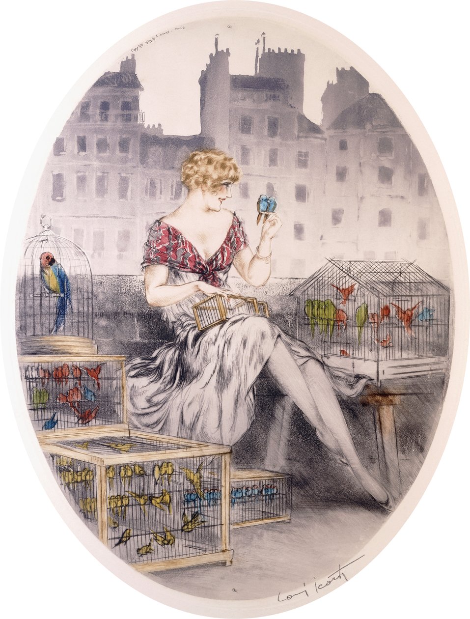 Tyttö budgerigareineen, n. 1920-30-luku (värietsaus) tekijältä Louis Icart