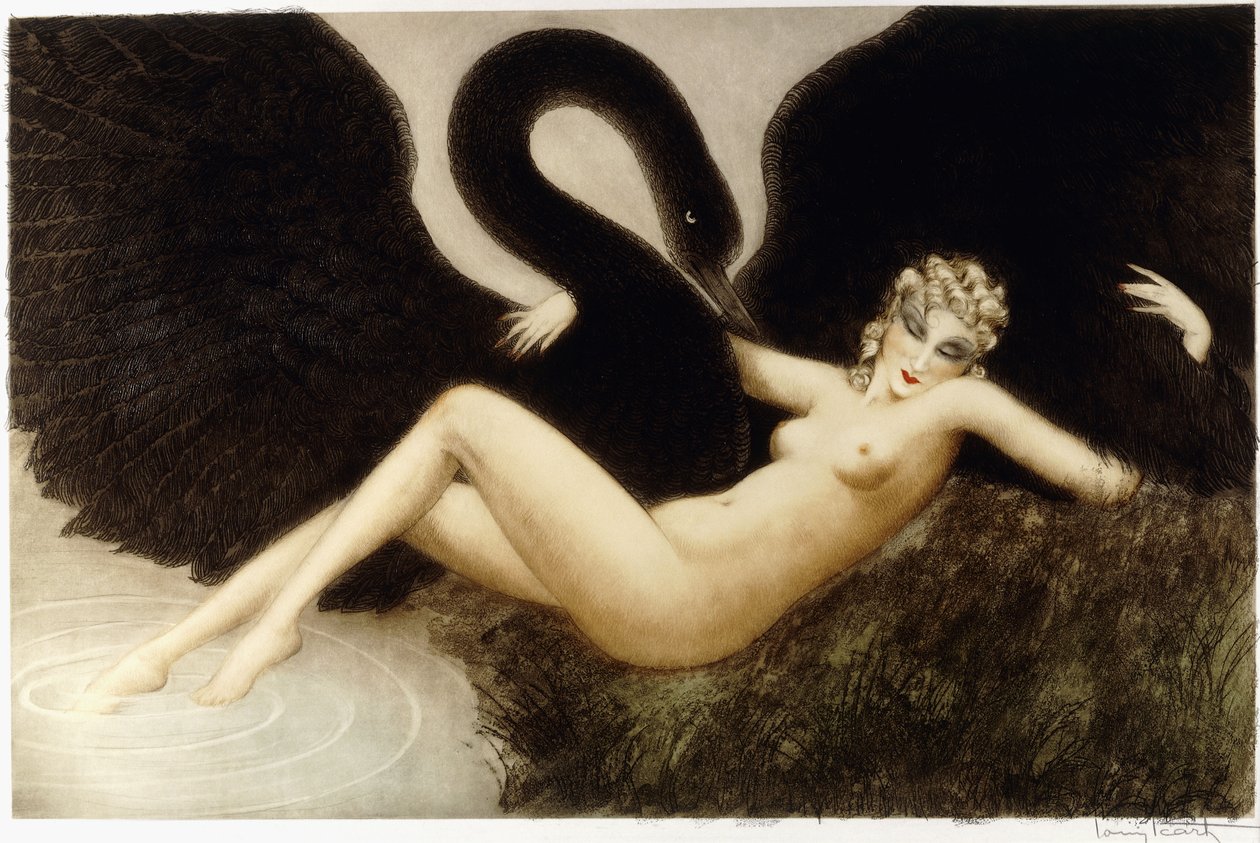 Leda ja joutsen, n. 1934 (etsaus ja kuivakärki, painettu väreillä) tekijältä Louis Icart
