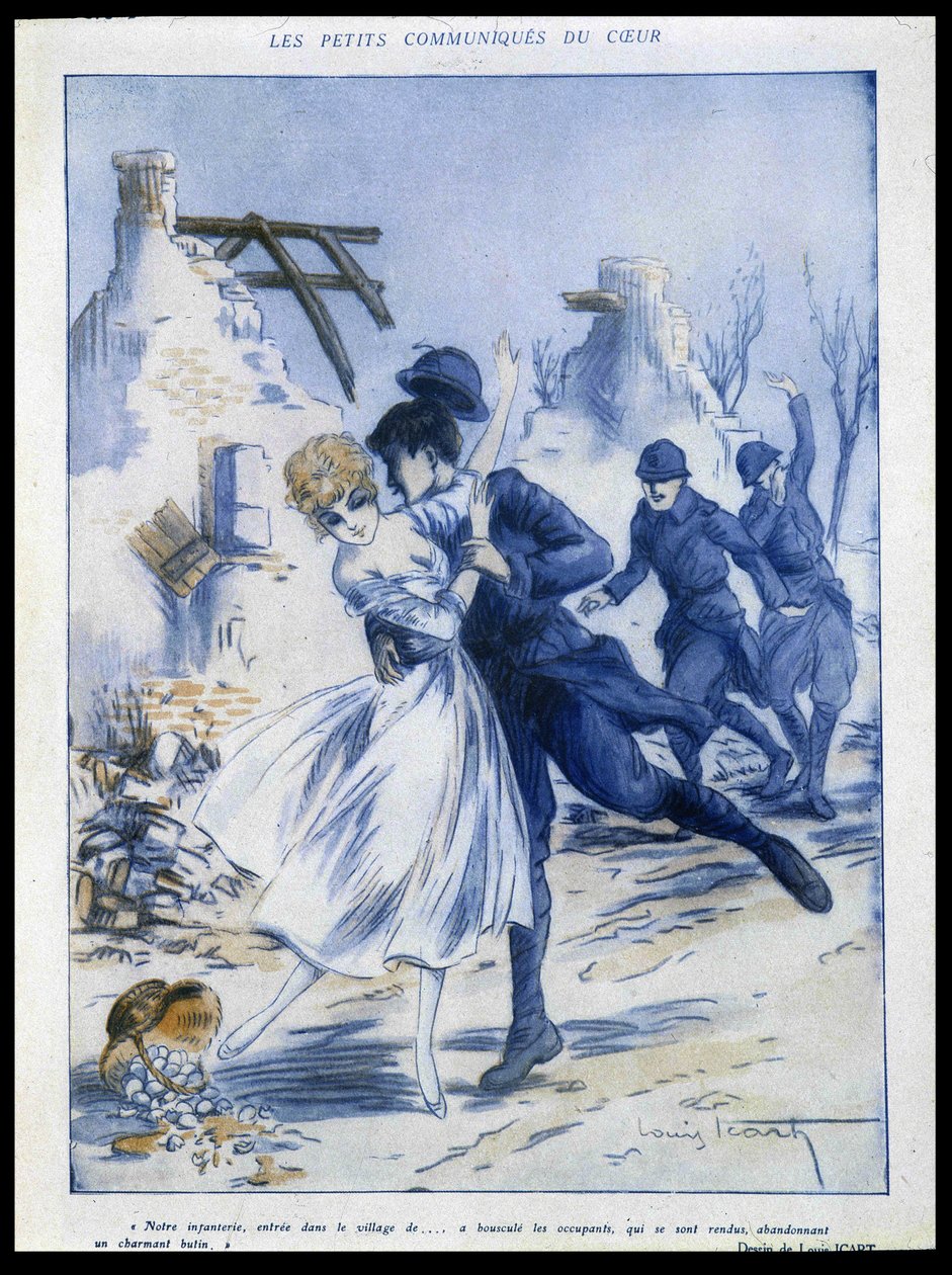 Sotilaat saapuvat kaupunkiin, toinen suutelee naista, "" hurmaava ryöstö", kuvitus: Louis Icart (1888-1950) "" Fantasiossa"" 15.12.1915 tekijältä Louis Icart