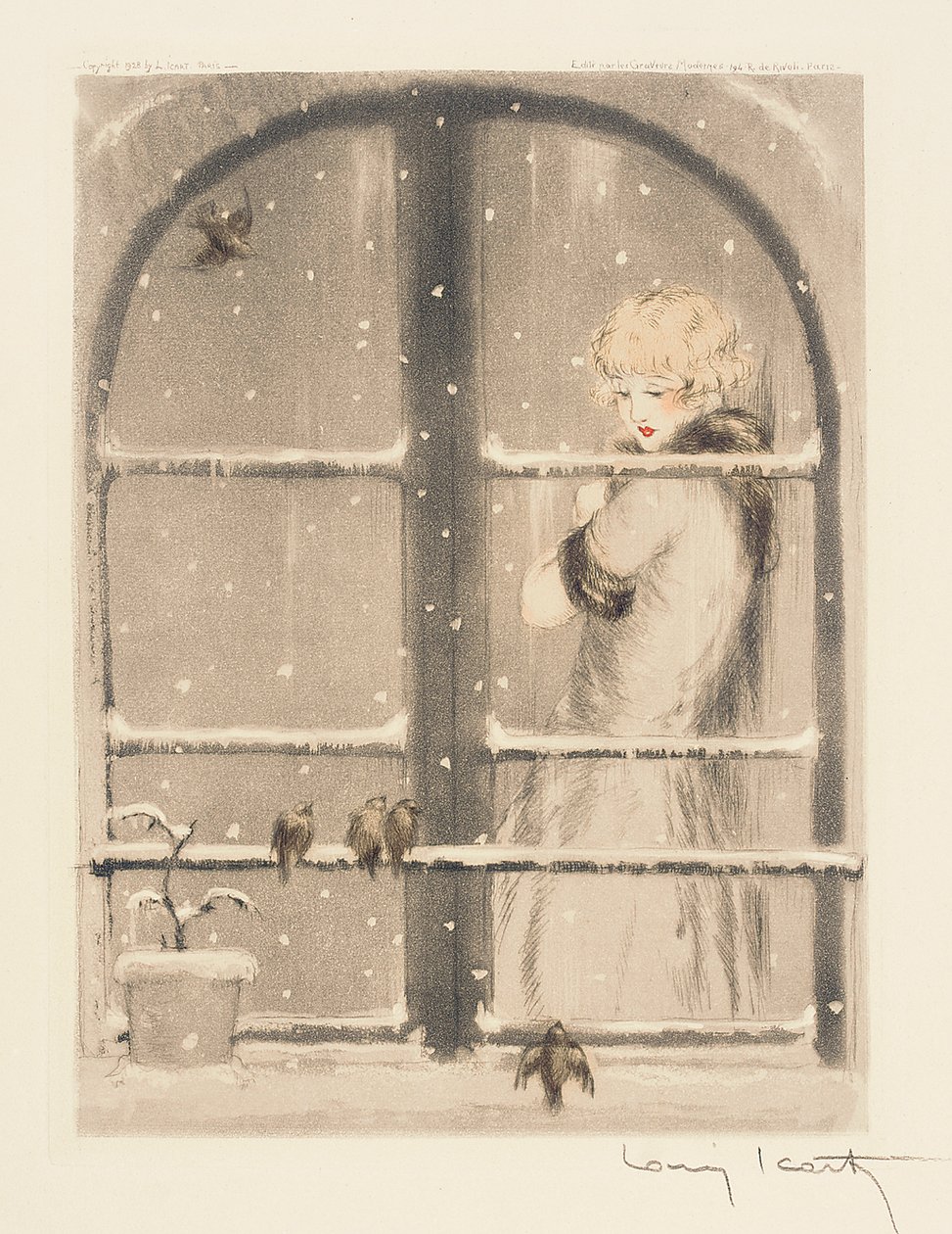 Neljä vuodenaikaa: Talvi, n. 1928 (käsinvärinen kuivakärki ja akvatinta) (katso myös 745548-50) tekijältä Louis Icart