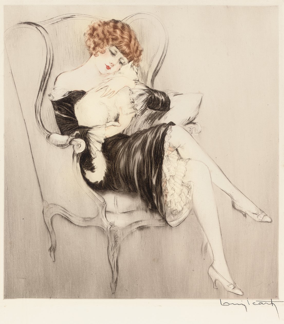 The Sleeping Cat (aiguafort i aiguatinta pintats a mà) finlandès tekijältä Louis Icart
