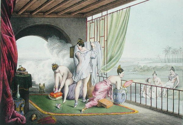 Uimarit wc:ssä, julkaistu 1824-27 (värilitho) tekijältä Louis Jacques Nicolas Schaal