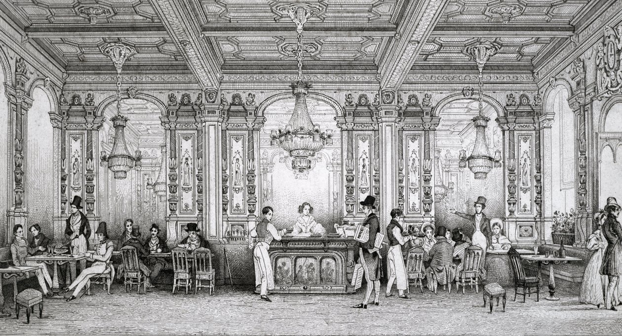 Cafe de la Banque de France, jonka rakensi arkkitehti Dusillon ja joka sijaitsee Place de Victoirella - Schaalin kaiverrus - 1839 - tekijältä Louis Jacques Nicolas Schaal