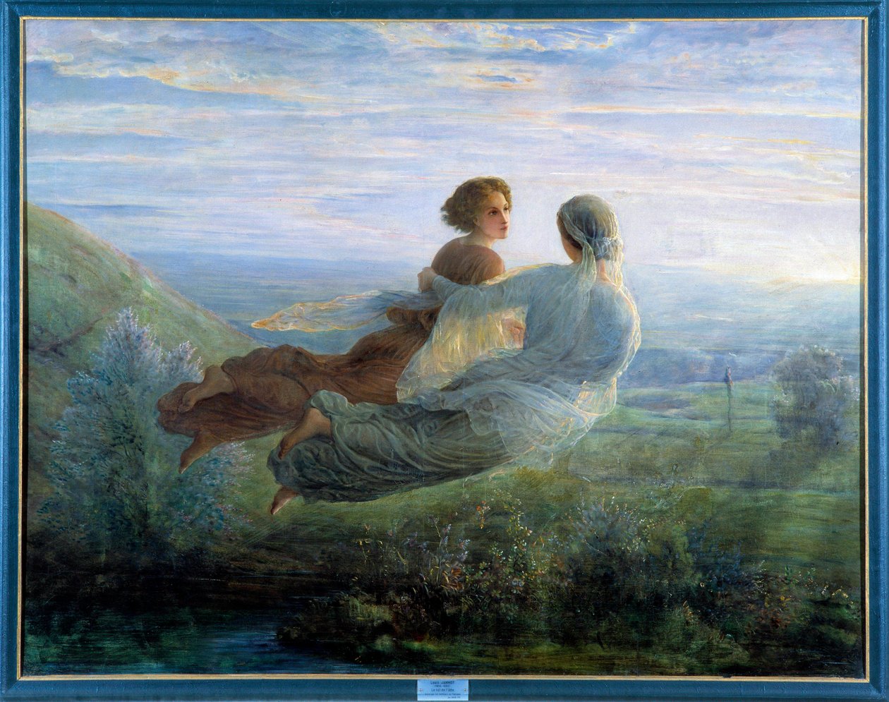 Sielun runo; Sielun lento, vihreän maiseman yläpuolelle ilmaan kohotettu nuori nainen, musean seurassa lyyrisessä tunnelmassa. Louis Janmotin (1814-1892) maalaus 1800-luvulta. Lyon, Musee Des Beaux Artsv- Sielun runo: t tekijältä Louis Janmot