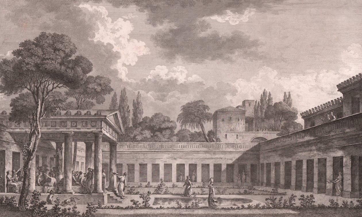 Ihanteellinen Villa of Diomedes Pompejissa sen alkuperäiseen tilaan ennen Vesuviuksen tulivuoren purkausta vuonna 79 jKr, Campania, Italia, etsaus Louis Jean Desprezin (1743-1804) piirustuksen mukaan, noin 21x34 cm tekijältä Louis Jean (after) Desprez