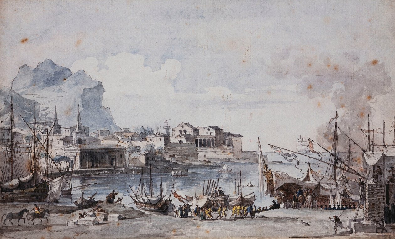 Näkymä Palermon satamasta, 1777 tekijältä Louis Jean Desprez