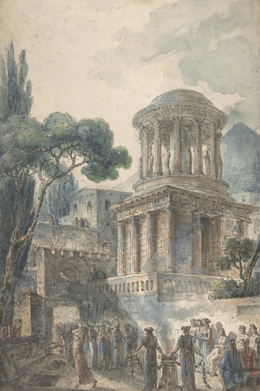 Muinainen kohtaus ja näyttelijän hautajaiset, n. 1777. tekijältä Louis Jean Desprez